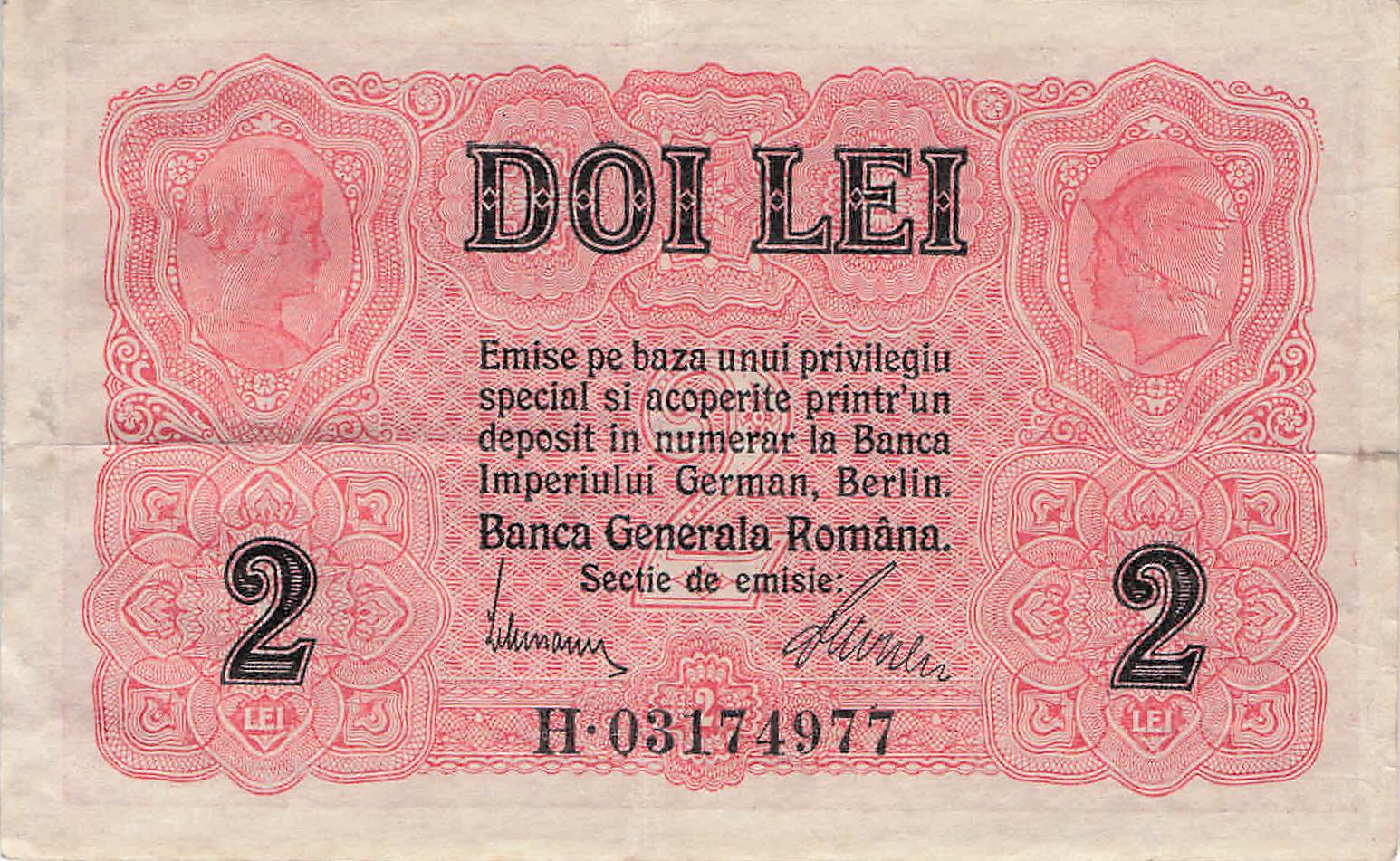 Historische Banknote der deutschen Besetzung Rumäniens aus dem Ersten Weltkrieg, mit typischen Gestaltungselementen der Militärverwaltung.